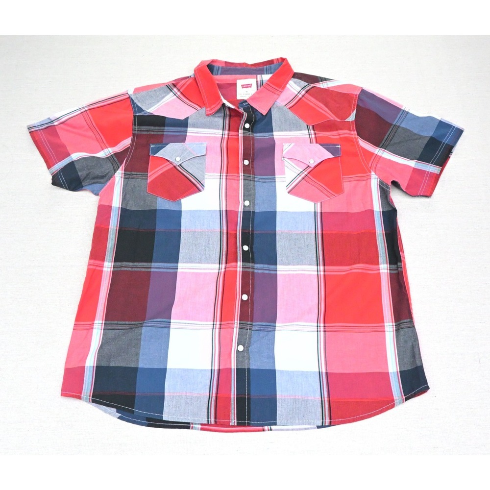 Levis Mens XXL Cotton Blend Western Shirt Red Plaid Short Sleeve Batwing Tab